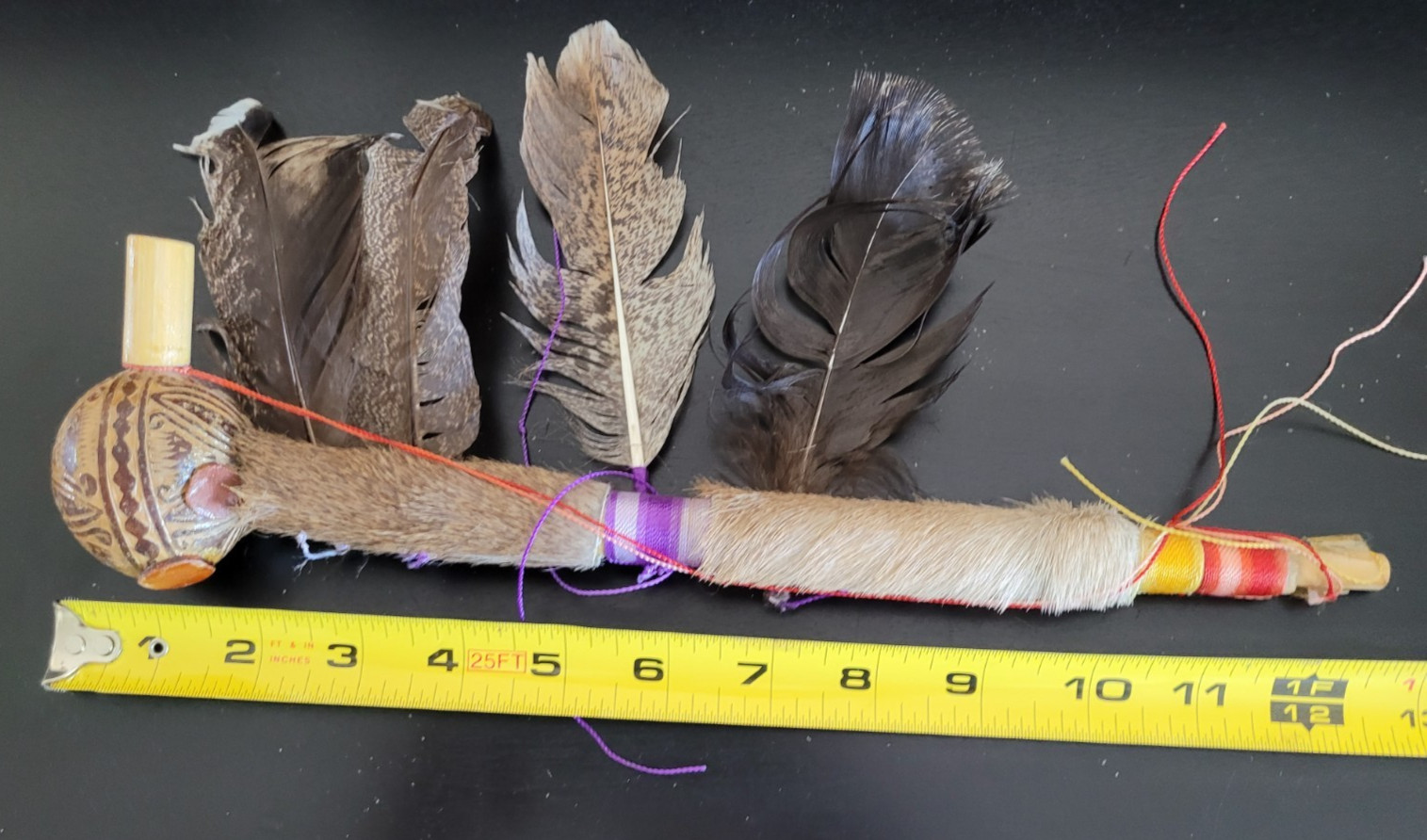 Vtg Native American Navajo Talking Ceremonial Stick Turkey Feather Deer Fur