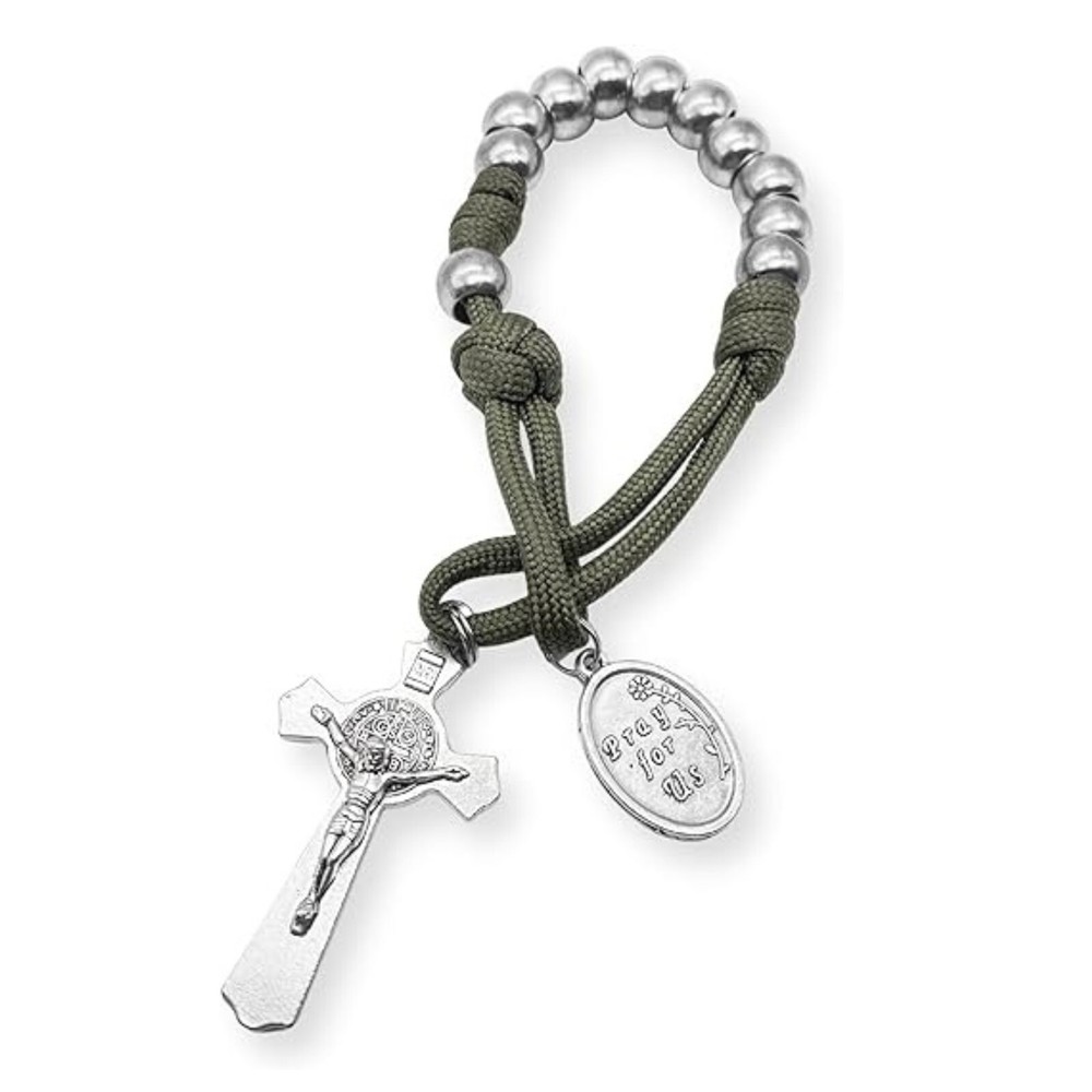 One Decade Military Paracord Rosary Silver Beads Pocket Rosary St. Joseph Medal