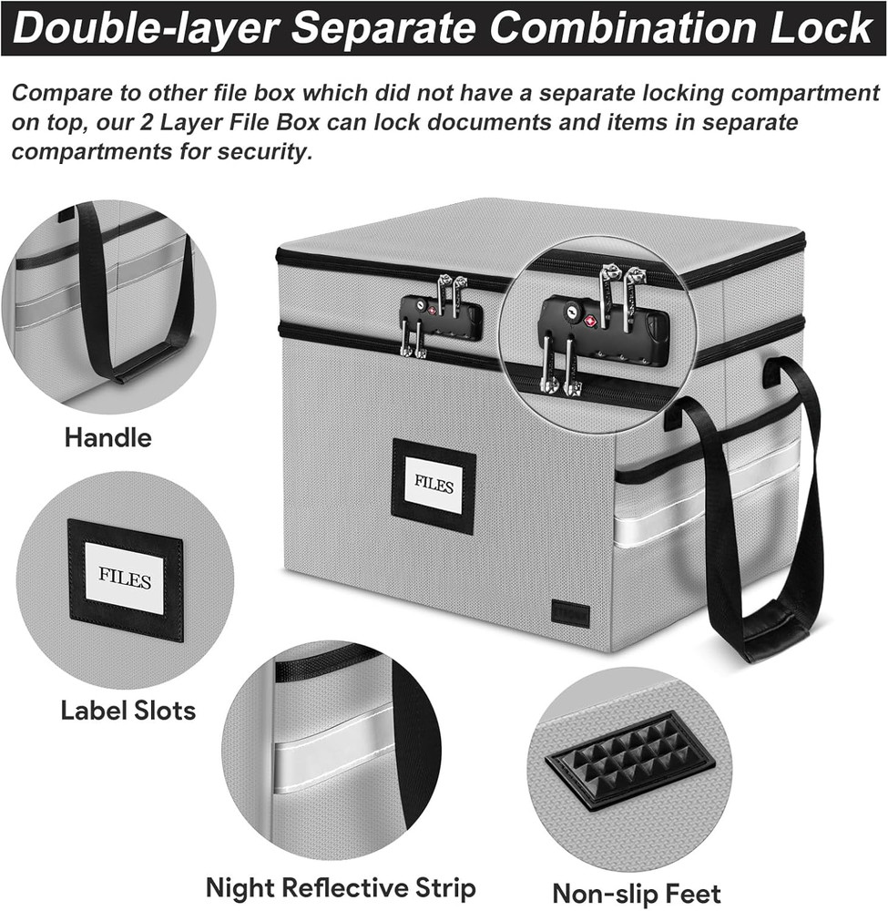 Fireproof Document Box with Lock, 2-Layer File Box Storage Organizer with 5 Tabs