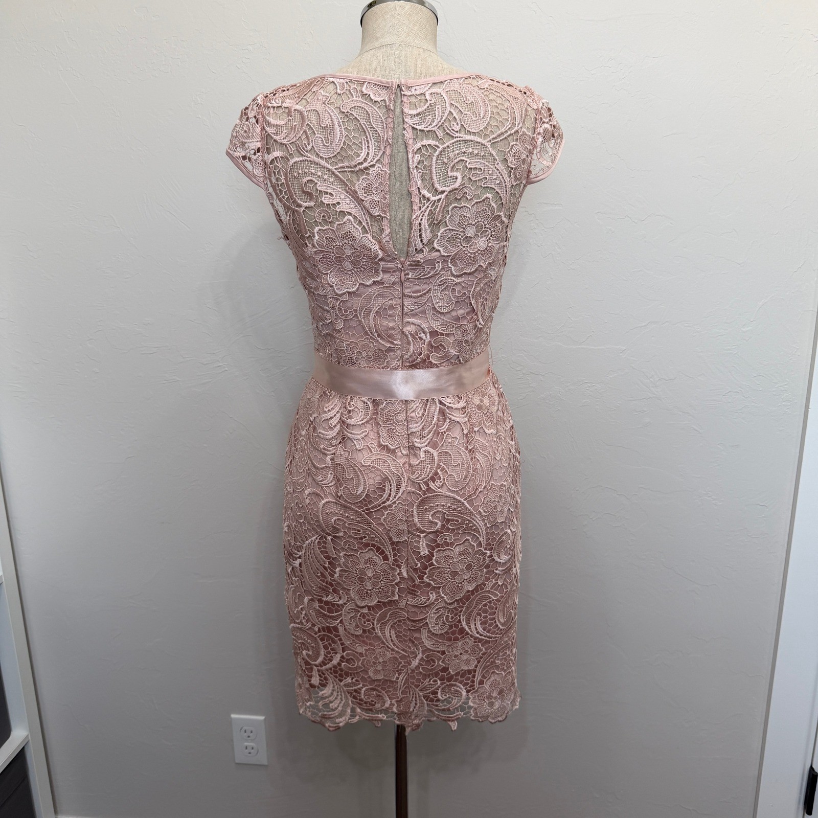 Adrianna Papell 2 Lace Cap Sleeve Illusion Sheath Dress Knee Length Scallop Hem