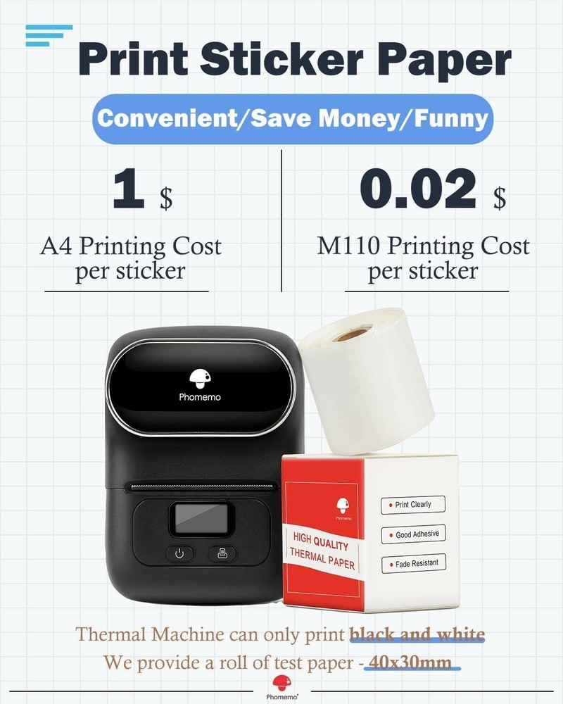 Phomemo Portable Wireless BT Pocket Mobile Thermal Printer Label Receipt Printer