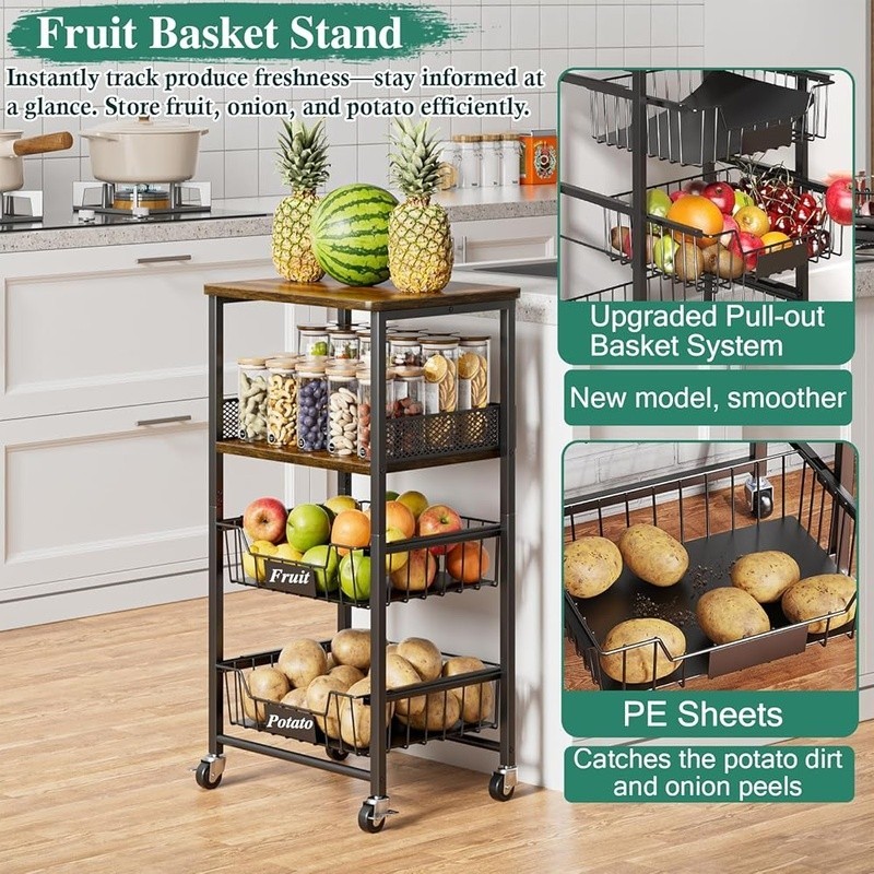 Rolling Kitchen Cart W/ Pull-Out Baskets Snack Organizer Fruit Storage New
