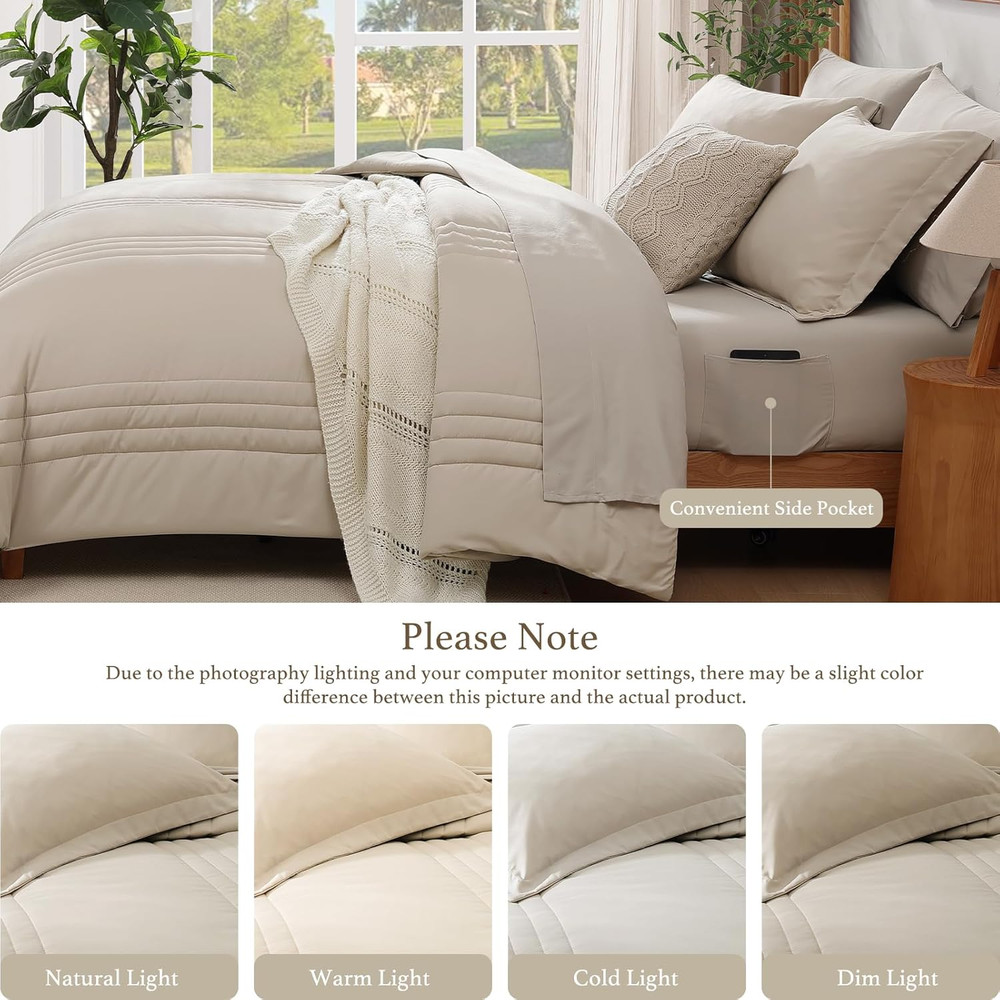 Queen Comforter Set - 7 Pieces Beige Bed in a Bag Queen Bedding Sets with Comfor