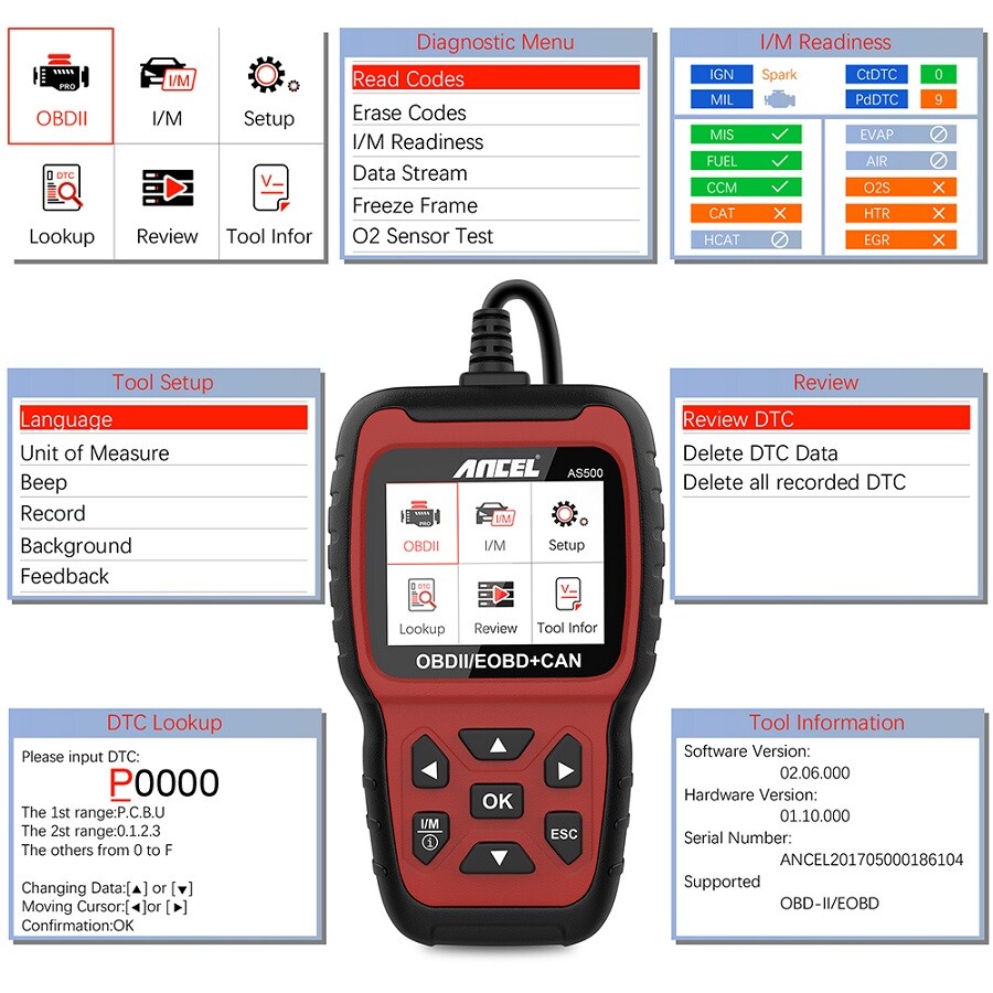 Ancel AS500 Car Code Reader OBD2 Scanner Check Engine Battery Monitoring Tool