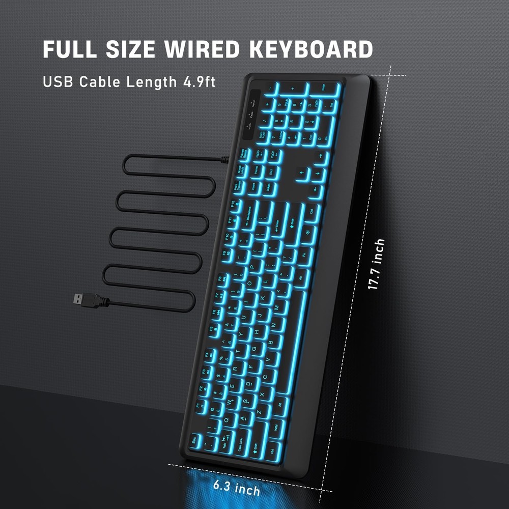 Backlit Computer Keyboards, Wired USB LED Keyboard with 7 Colors Backlight, P...