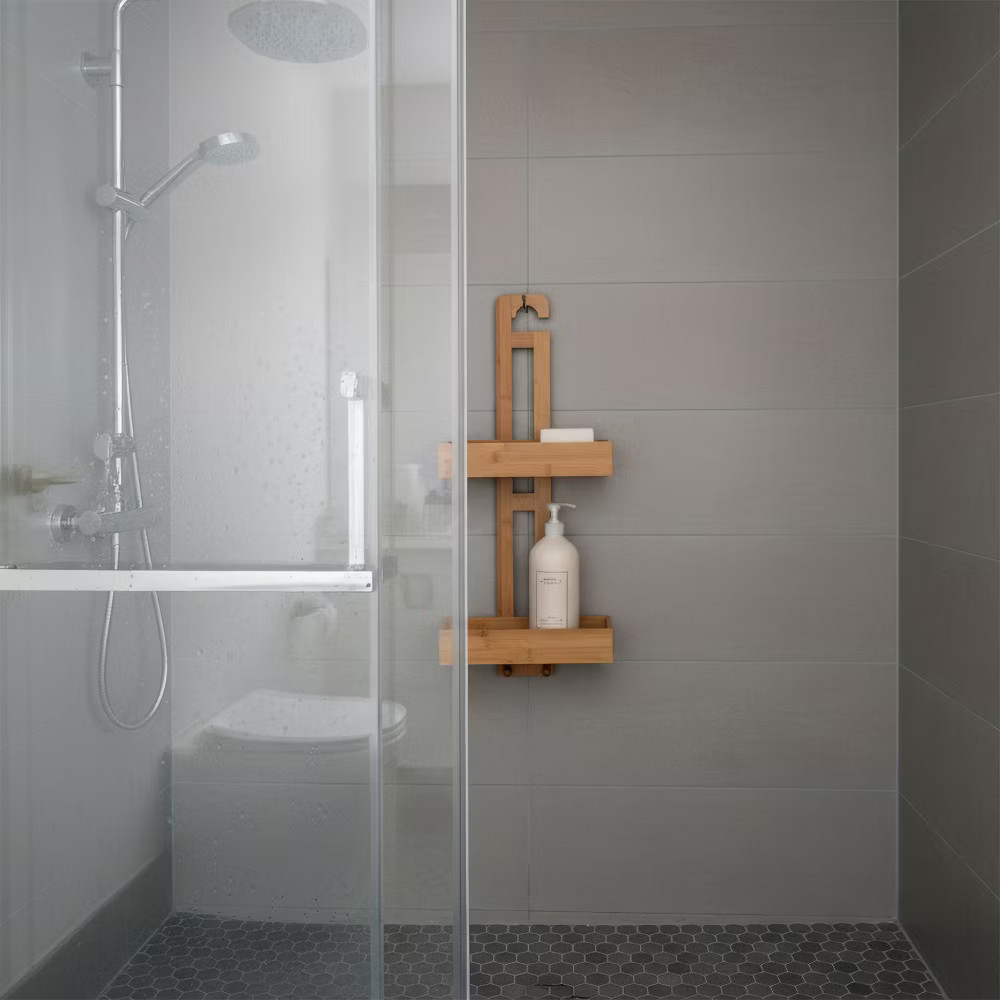 Bathroom Multi-function Natural Bamboo Storage Rack Over Shower Head Organizer,