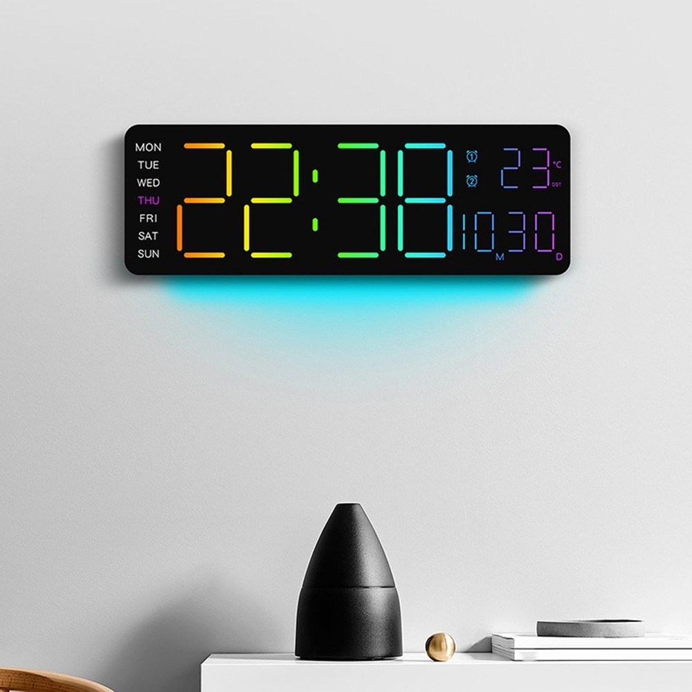 Digital RGB Wall Clock with Remote Control Temp Date Week Adjustable Brightness