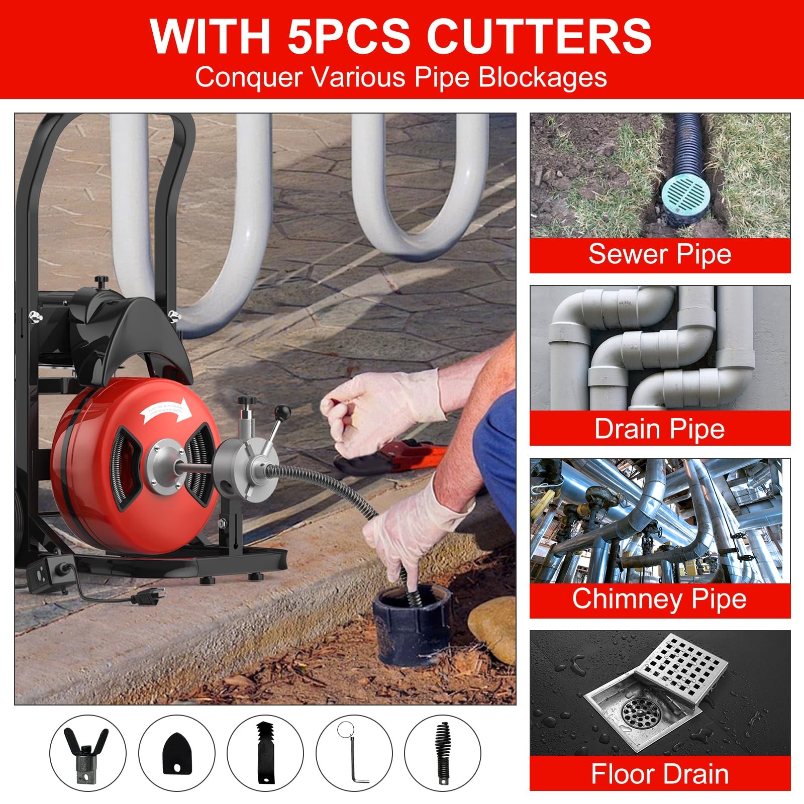 75FT 1/2 in Auto Feed Drain Cleaning Machine,Electric Drain Auger with 6 Cutter