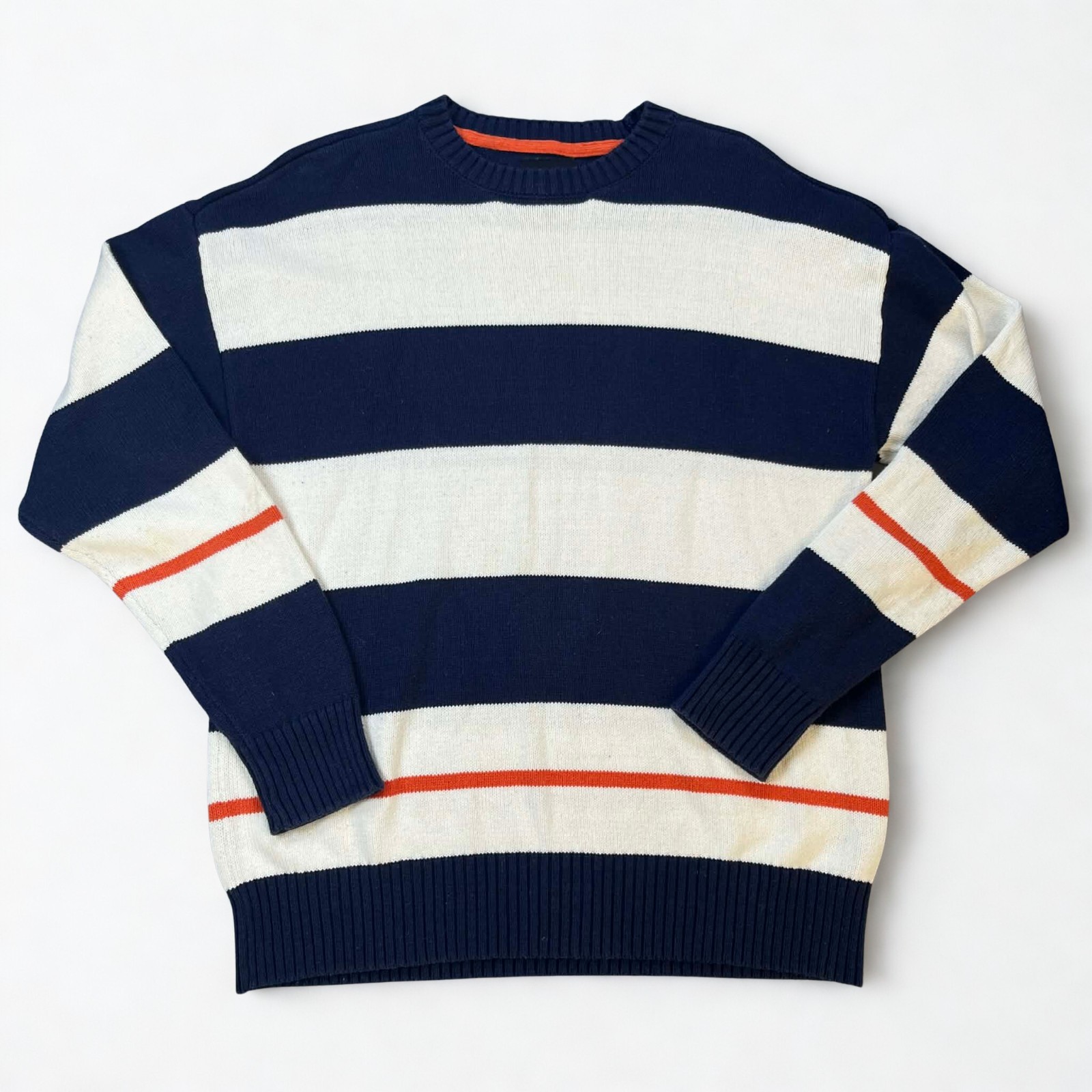 RSQ Sweater Men Medium Striped Crewneck Navy White Orange Knit Pullover