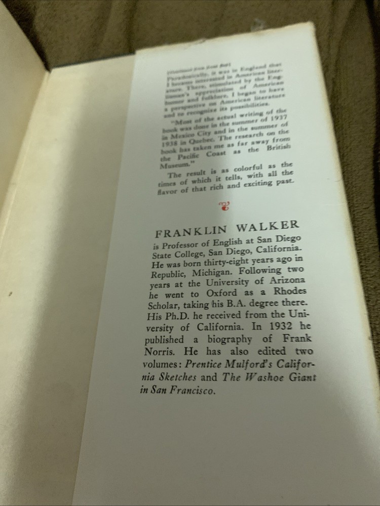 San Francisco's Literary Frontier Book by Franklin Walker 1939 First Edition