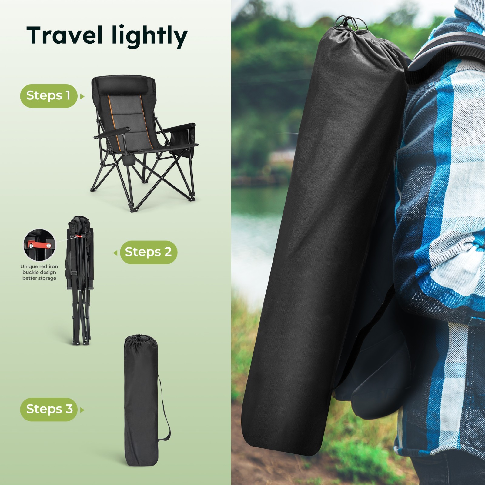 Heavy Duty Camping Chairs Oversize Folding Chair High Back Support 500lbs Black