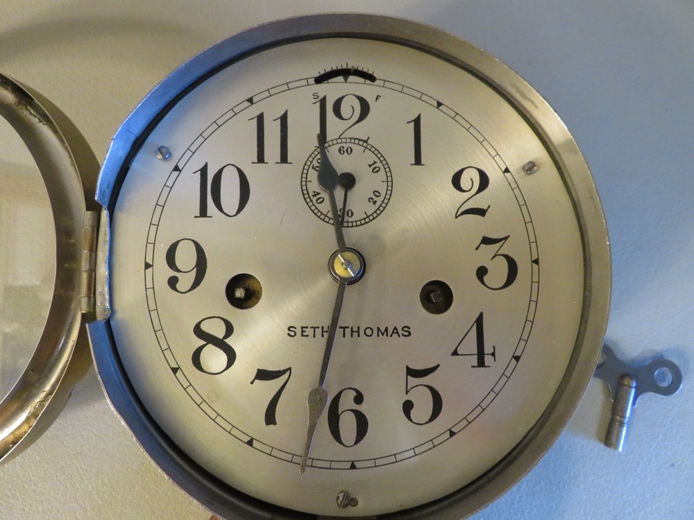 ANTIQUE SETH THOMAS BRASS SHIPS CLOCK WITH EXTERNAL BELL TESTED NICE!