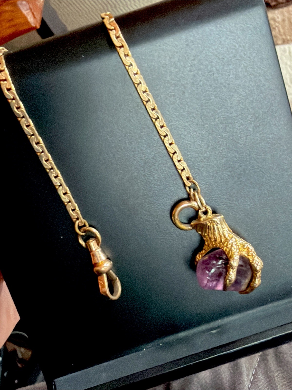 Vintage 9ct Solid Gold Amethyst Dragon Claw Fob Pendant SP Gold Filled 14” Chain