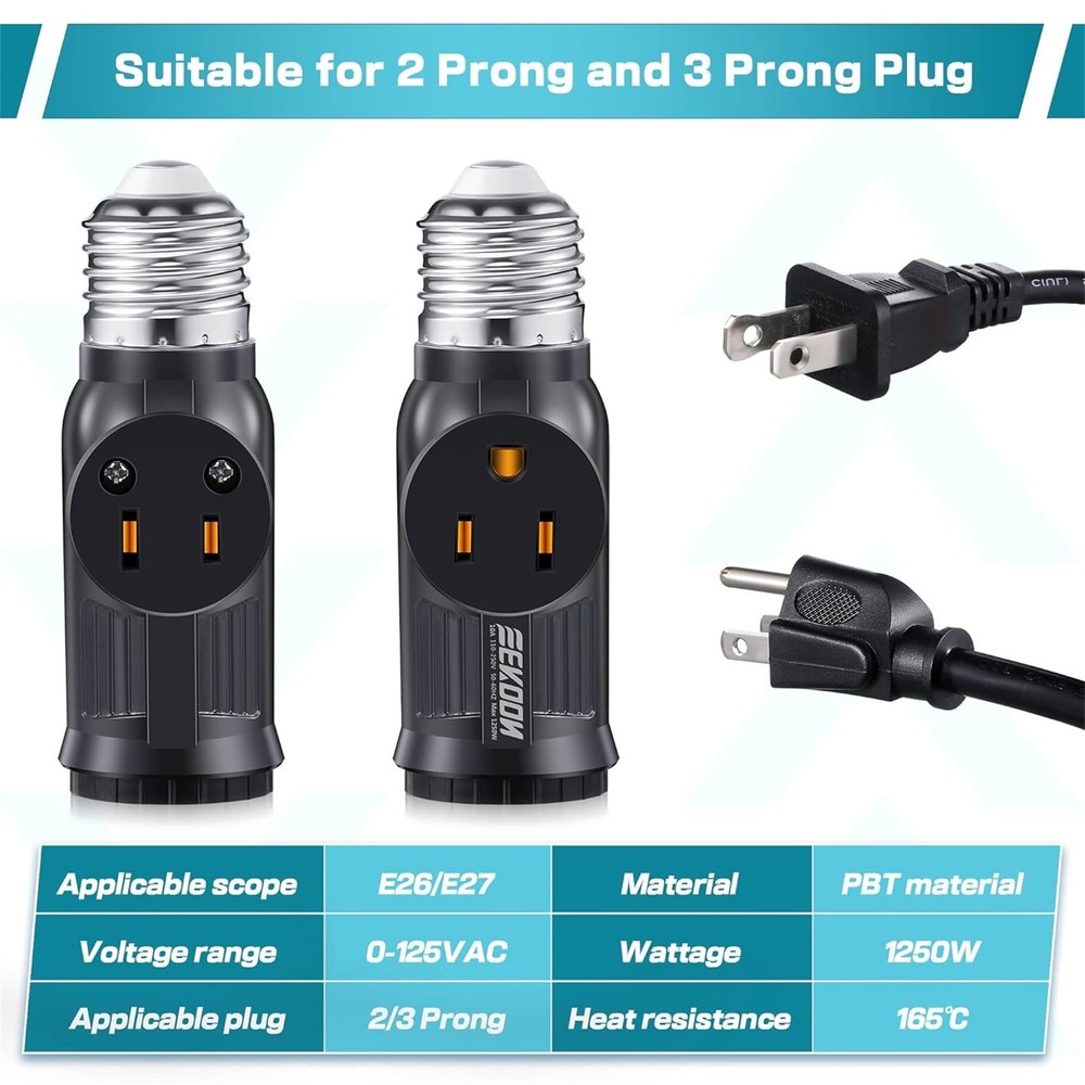 Black 3 Prong Light Socket Adapter with 2 Outlets E26 E27 Plug Converter