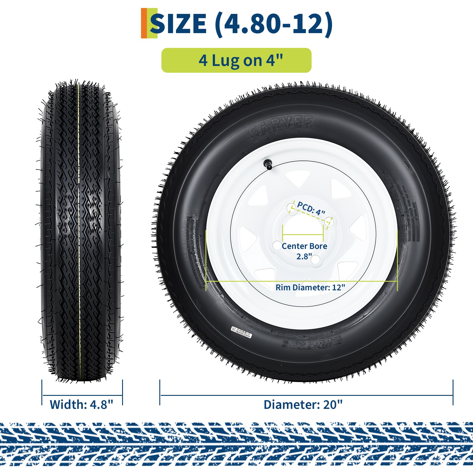2 Pack 480-12 4.80x12 4.80-12 4.8-12 Trailer Tires with 12'' Rims, 4 Lug on 4"