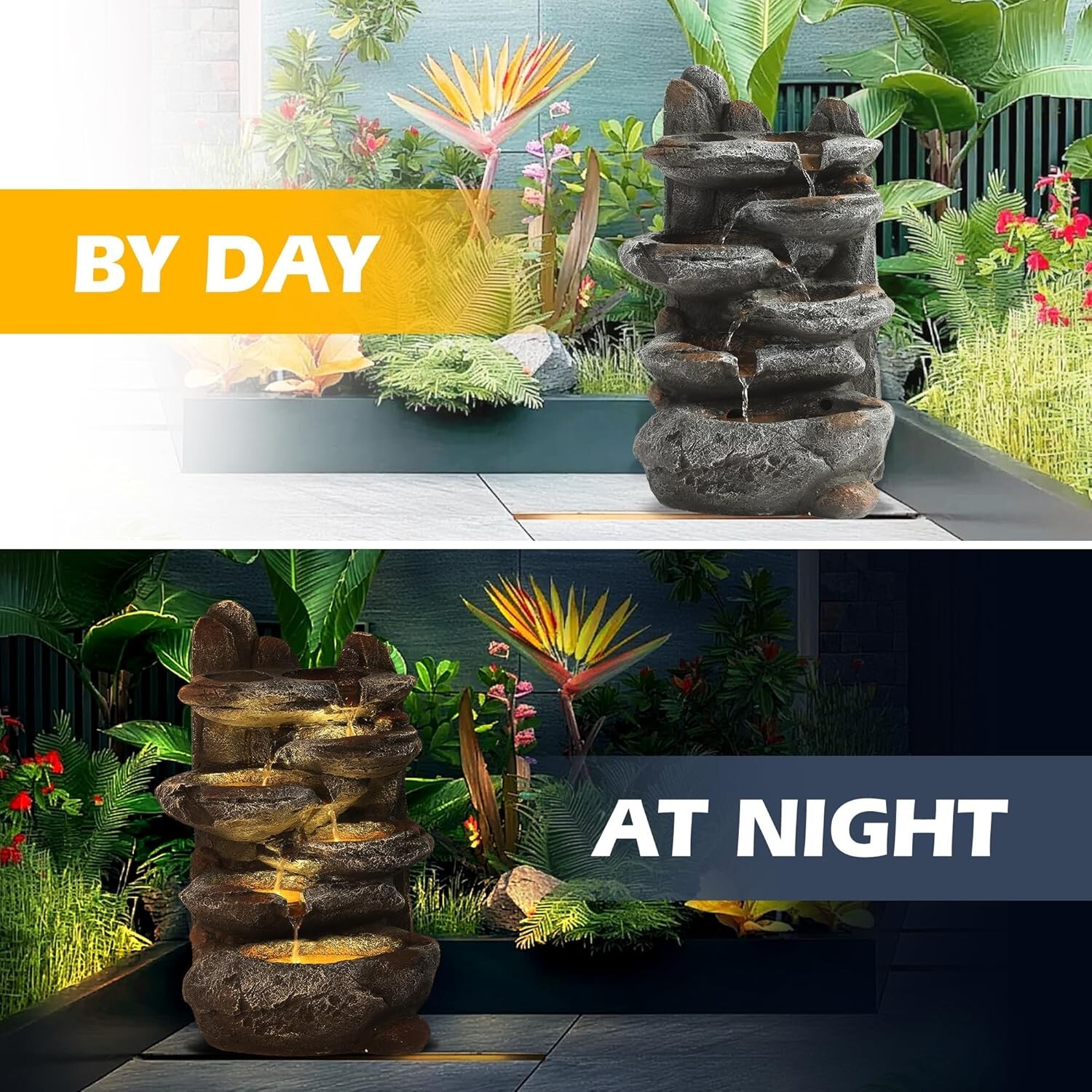 6-Tier Cascading Rock Outdoor Garden Water Fountain with Lights