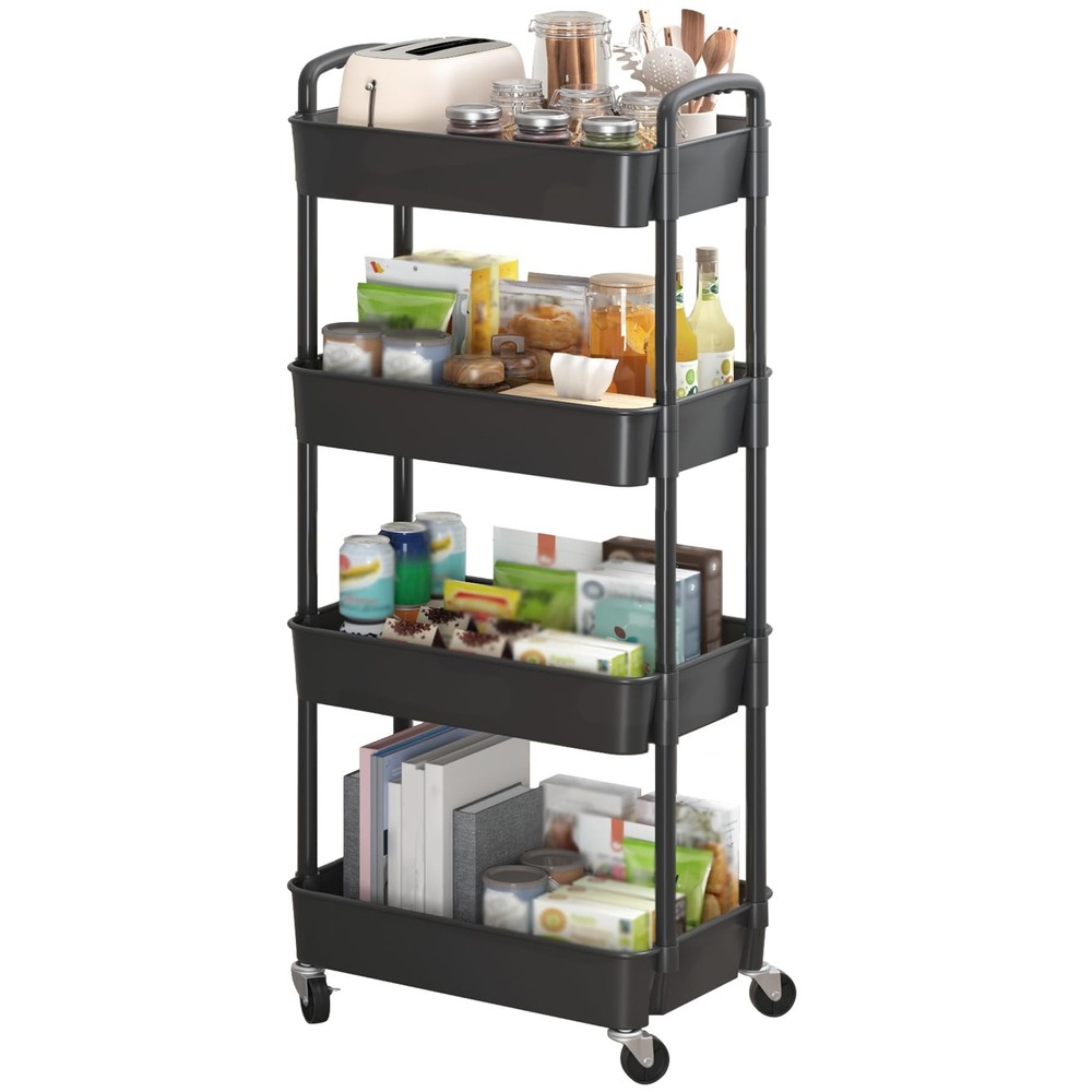 4-Tier Plastic Rolling Utility Cart with Handle Multi-Functional Storage Trolley