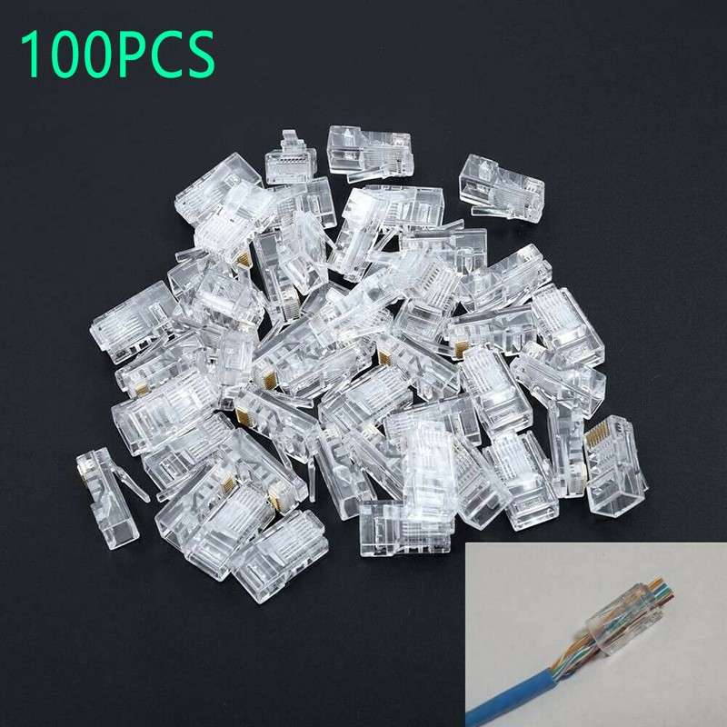 100PCS CAT5e RJ45 Pass-Through Network Cable Modular Plug 8P8C Connector End