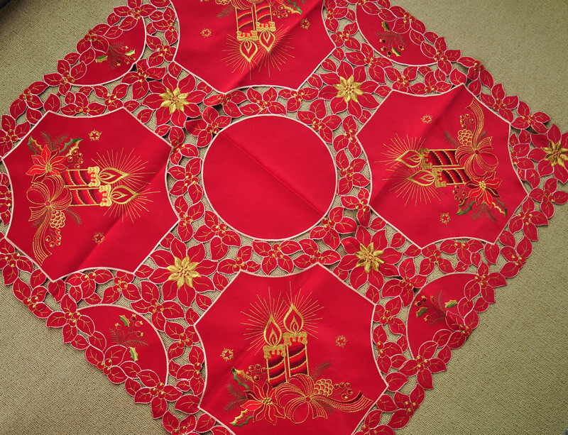 Gorgerous Red Embroidered Polyester Square Tablecloth Xmas 33" Cutwork Candles