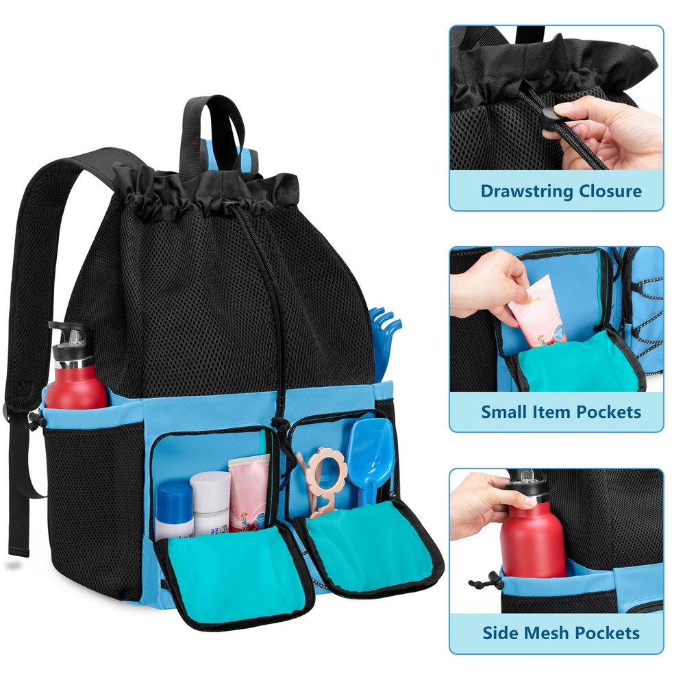 Mesh Beach Bag Backpack with Waterproof Bag and Pocket, Large Drawstring Swim...