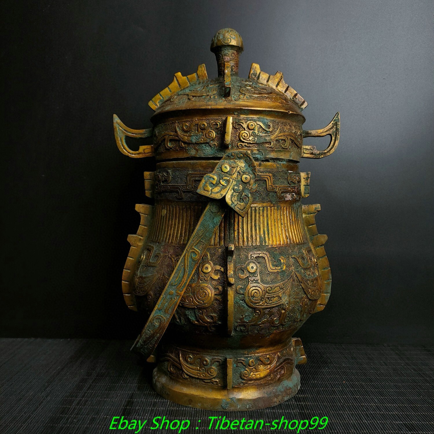 15.3''Old Chinese Dynasty Bronze Ware Gilt Inscription Bird Portable Pot Bottle