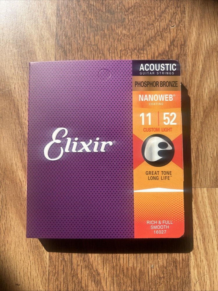 Elixir Nanoweb Phosphor Bronze Custom Light Acoustic Guitar Strings 11-52 12Pack