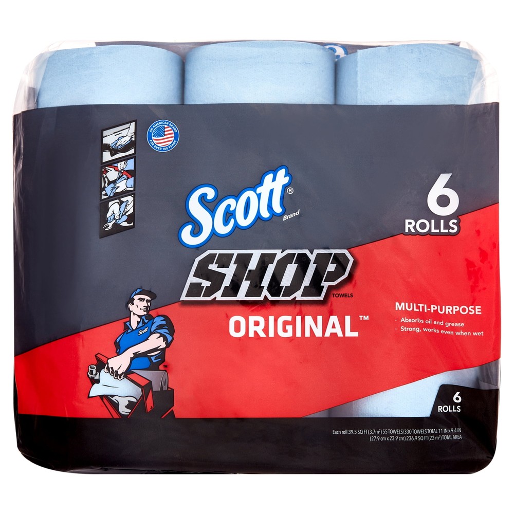 6 Rolls Scott Shop Towels, 55 Sheets Per Roll, All Purpose, Multi Surface