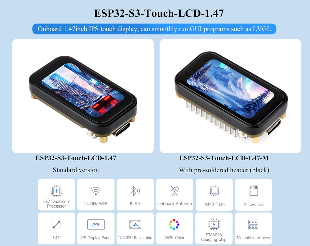 ESP32-S3 1.47inch IPS Touch Display Development Board, 172x320 Resolution, 26...