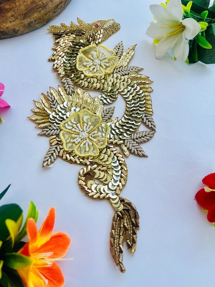 Handmade Zardozi Patch: Soft Gold Dragon Applique