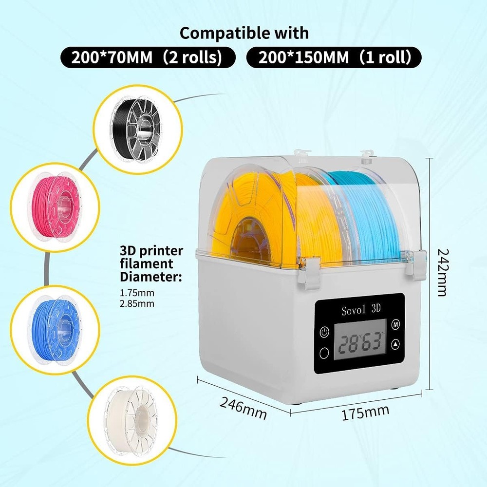 3D Printer Filament Dehydrator with Adjustable Temperature and Humidity Display