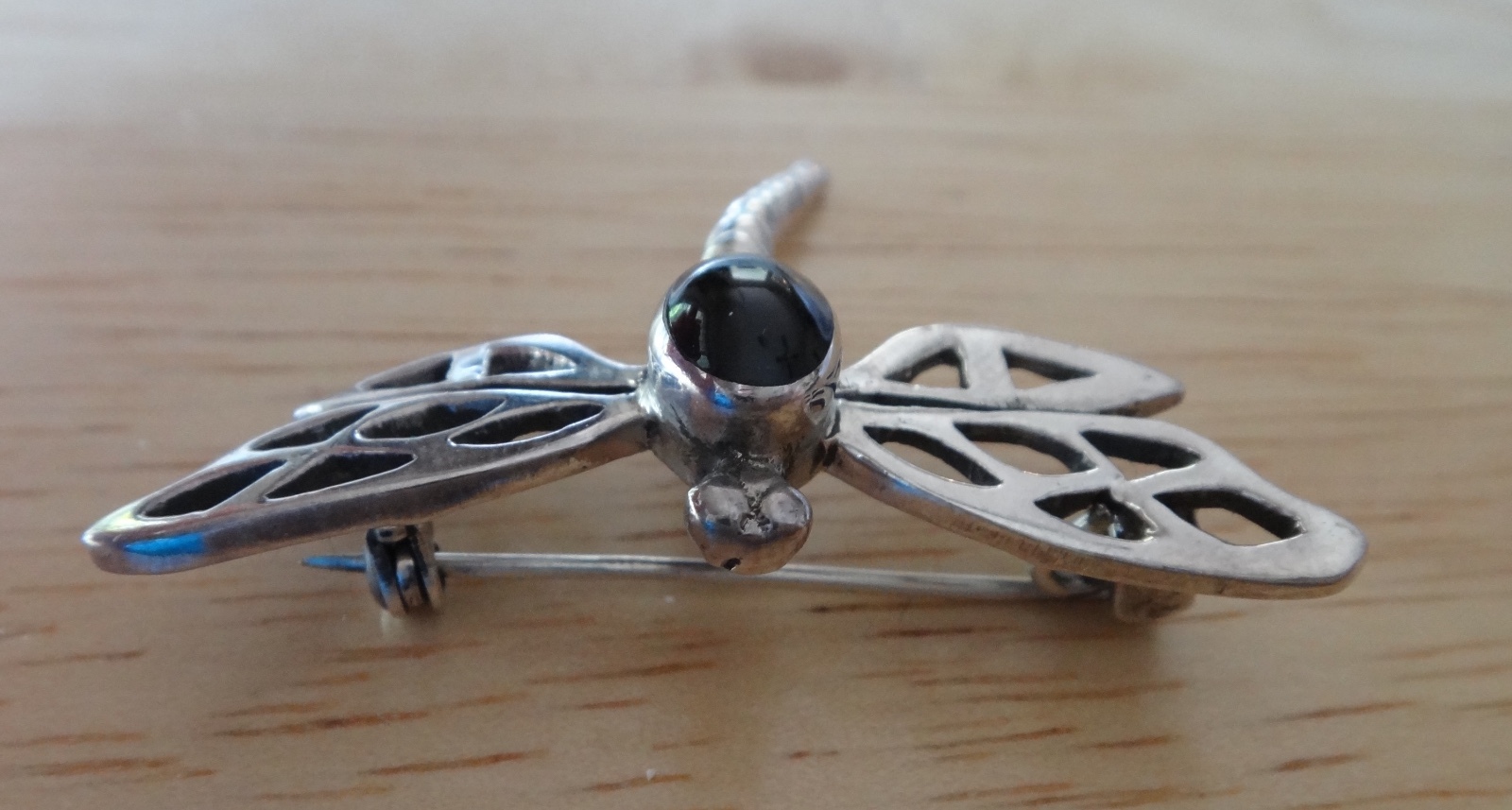 Sterling Silver 3D 40x30mm Large Dragonfly with Black Onyx Pin