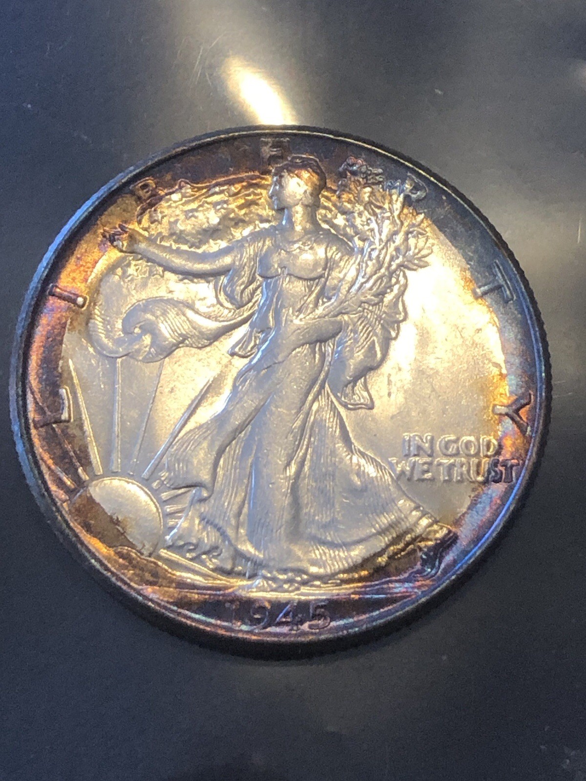 1945 W Walking Liberty Half Dollar Rainbow Toned BU