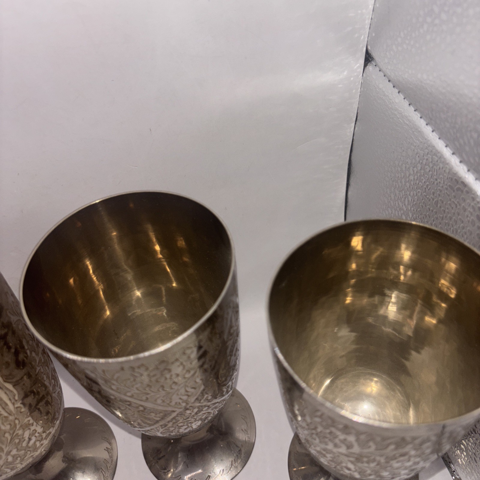 4 ZY India Modern Vine Heavy Wine Goblet Silver Plated 7” Etched Engraved