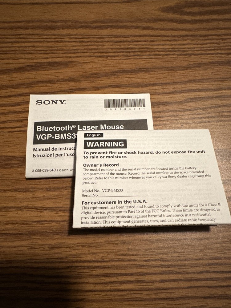Sony Vaio Bluetooth Laser Wireless Mouse VGP-BMS33