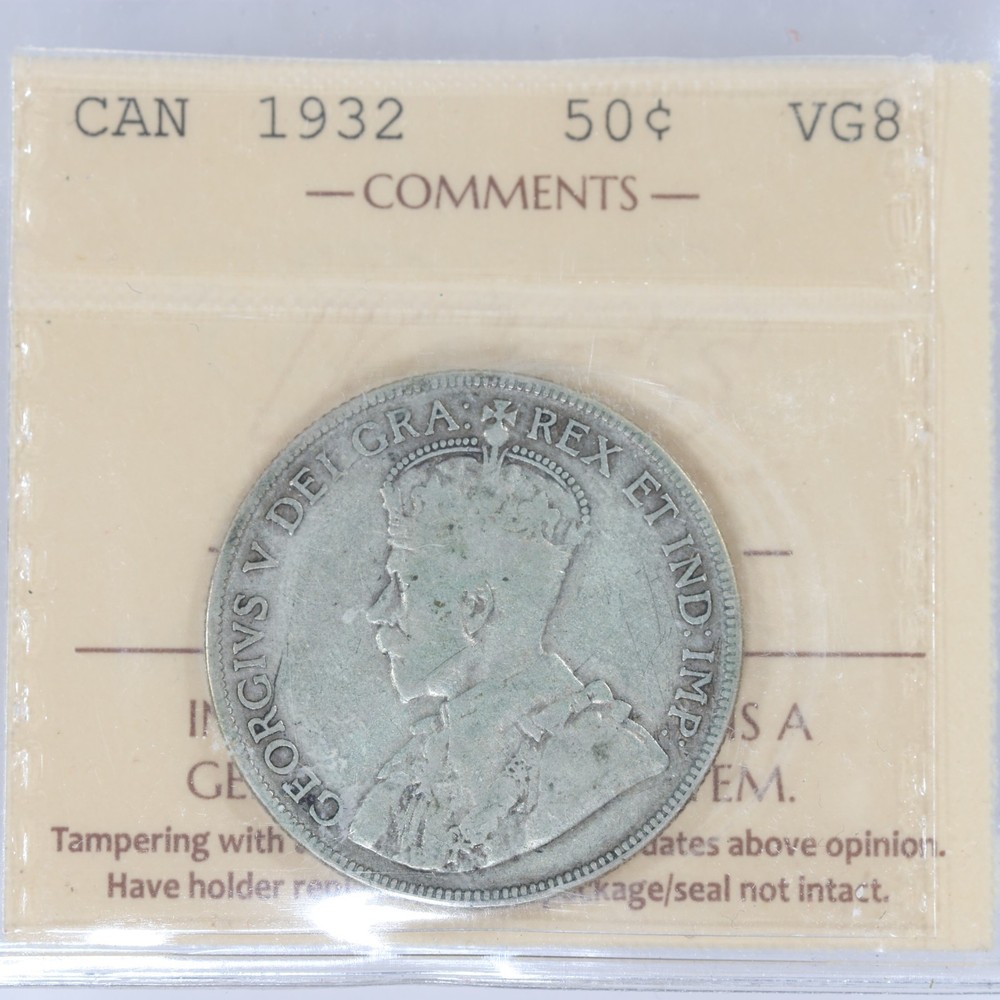 1932 Canada Silver 50 Cents ICCS VG8 - Key Date