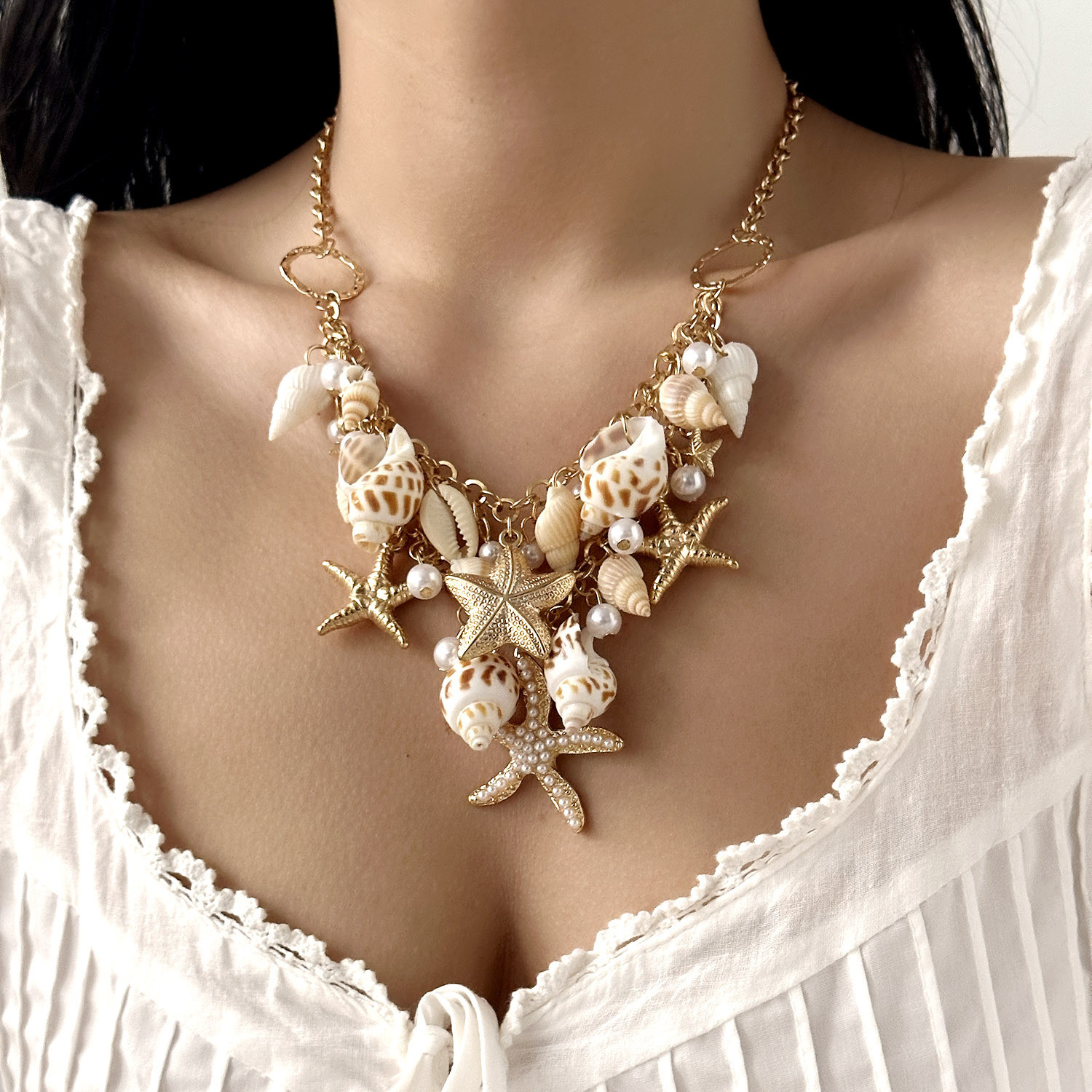 Bohemia Necklace With Multiple Seashells Starfishes And Beachy Holiday Style
