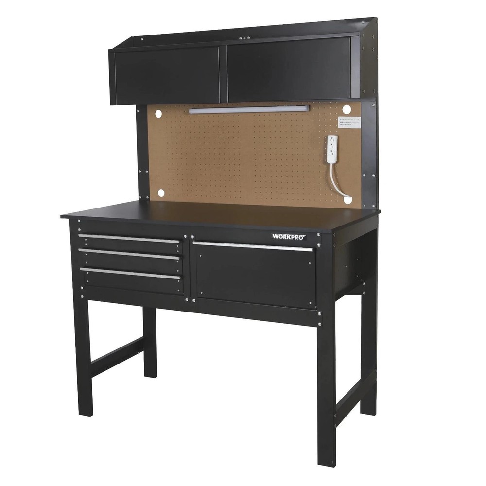 WORKPRO 2-In-1 Steel Garage Combo Workbench Workshop Tool Storage Cabinet Light