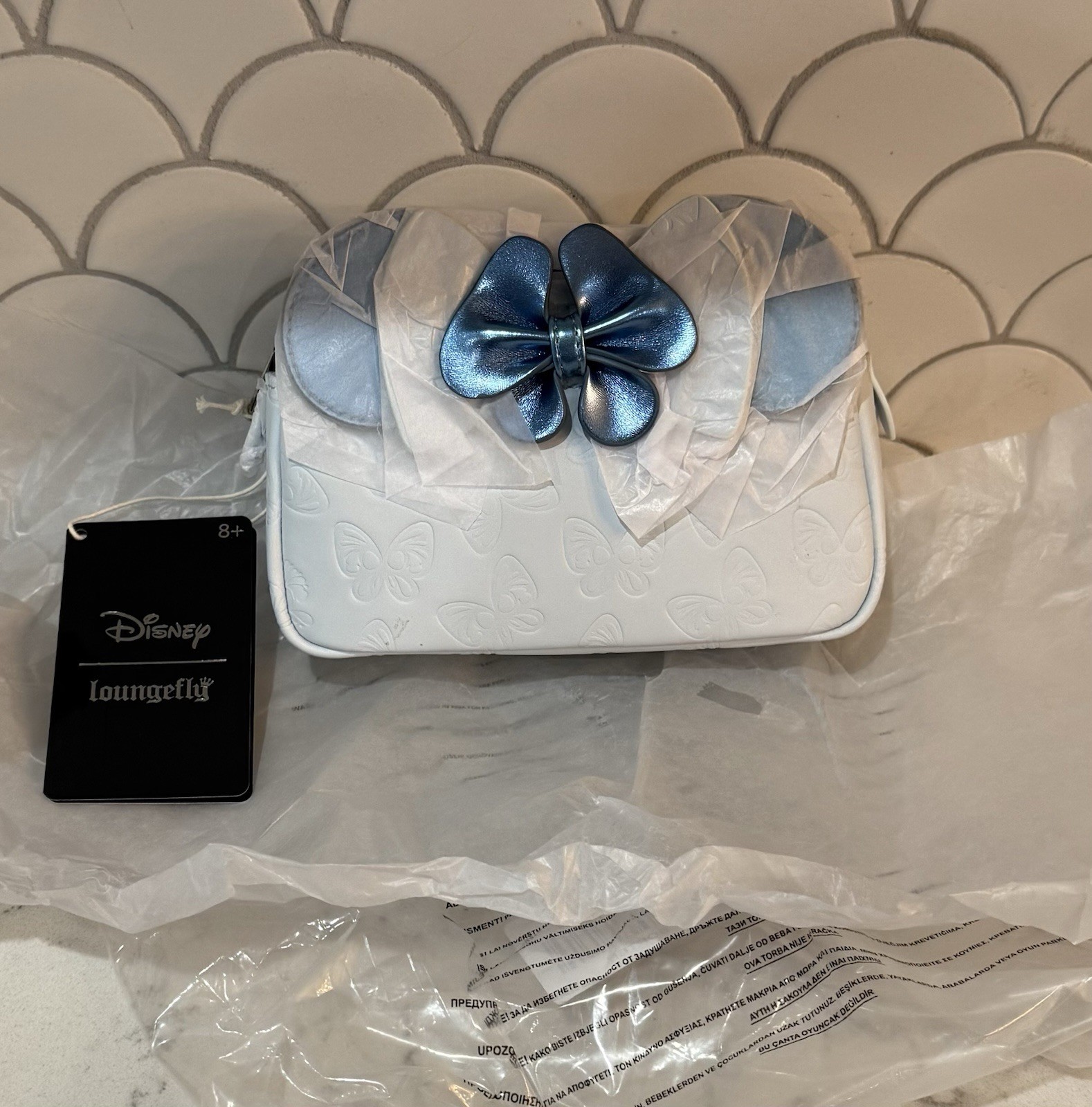 Loungefly Disney Minnie Mouse Butterfly Bow Blue Cosmetic Makeup Bag NWT