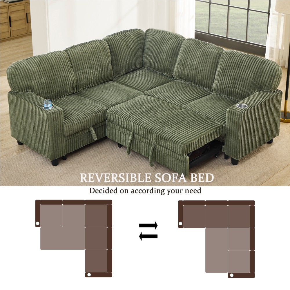 L-Shaped Sofa Bed w/ Pull-Out Sleeper & USB/Type-C, Corduroy, Olive Green
