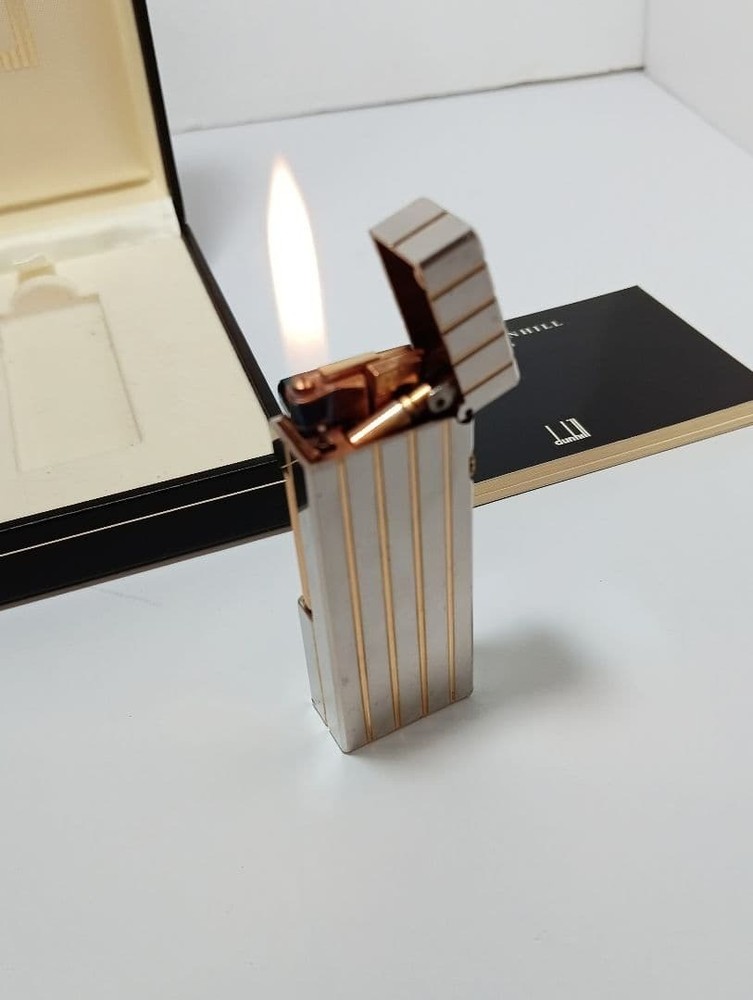 Working Dunhill Rollagas lighter silver gold with box