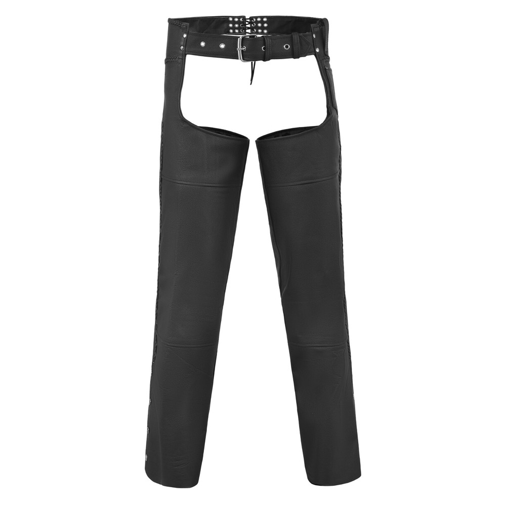 HL12805BRAIDED Basic Classic BLACK Style Leather Motorcycle Chap for Motorcycle