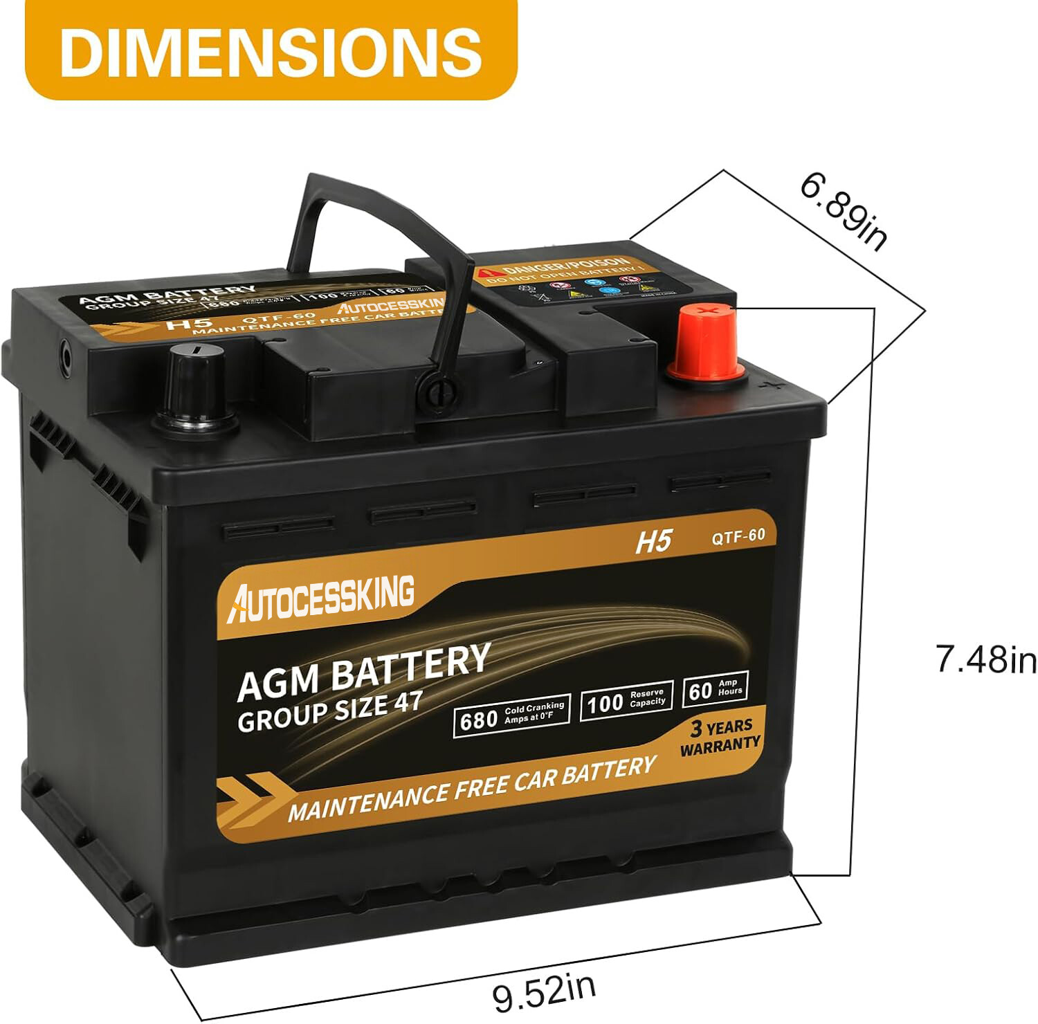 autocessking Platinum AGM Battery Group 47 100RC 680CCA Automotive H5 Battery