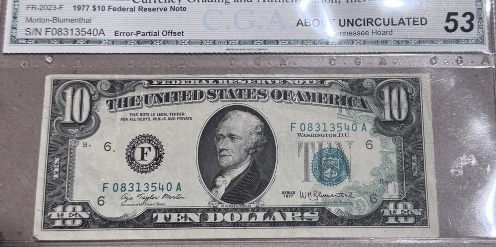 1977 $10 Federal Reserve Note  Partial Offset Reverse on Obverse