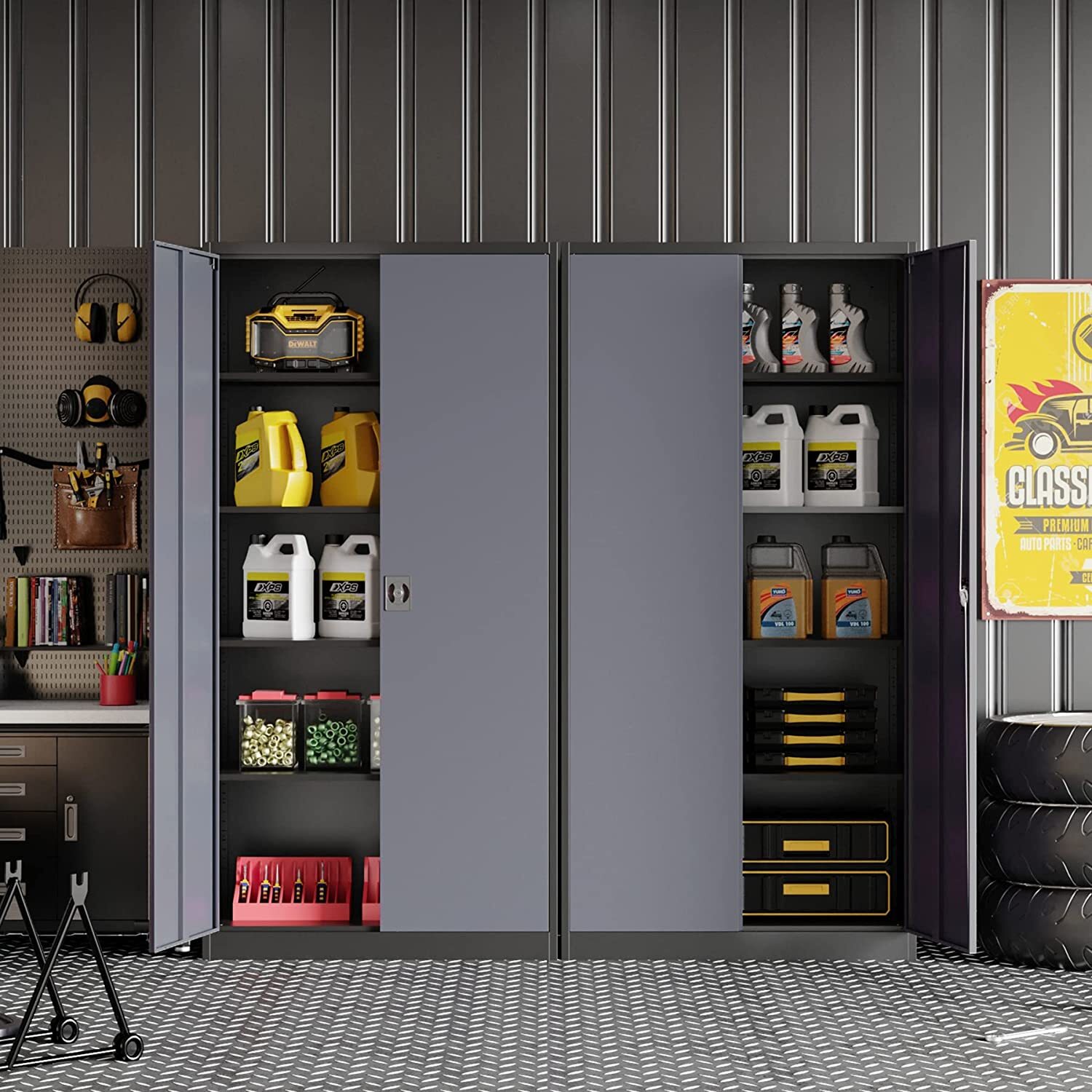 Metal Cabinet 4 Adjustable Shelves 71H Locking Garage Storage Cabinet with Doors