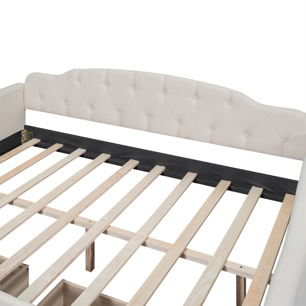 Full Size Daybed Upholstered Bed Frame Sofa Bed with 2 Storage Drawer Beige US