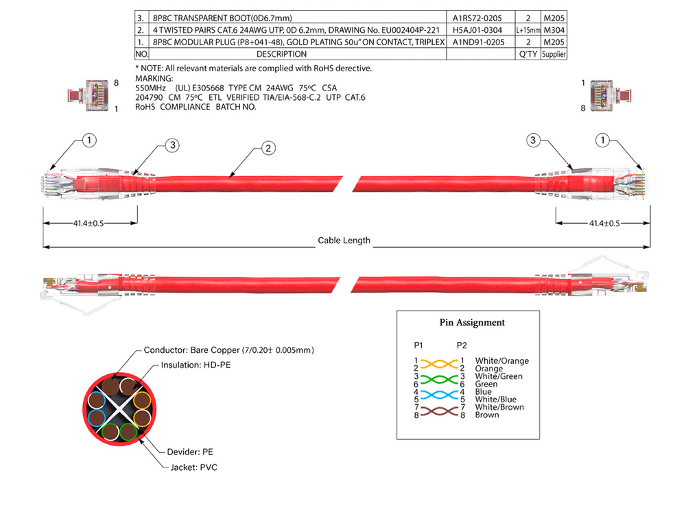 20ft Cat6 Ethernet Patch Cable with Clear Boot, UTP, Pure Bare Copper, Red