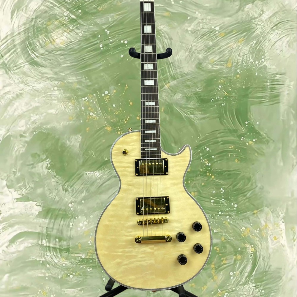 Electric Guitar Natural Wood Finish Rectangular Inlay Fixed Bridge 6-String