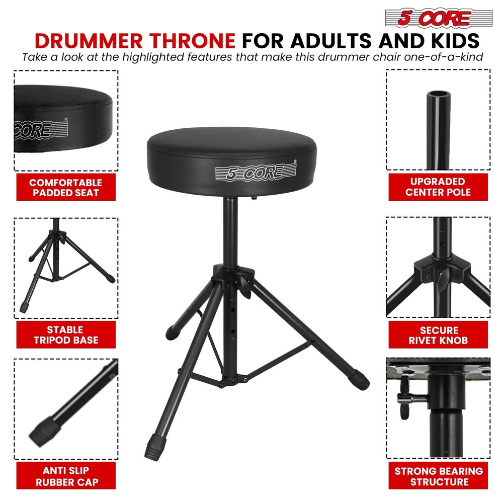 5 Core Drum Throne 3" Padded Comfortable 330Lb Capacity Drummer Stool Adjustable
