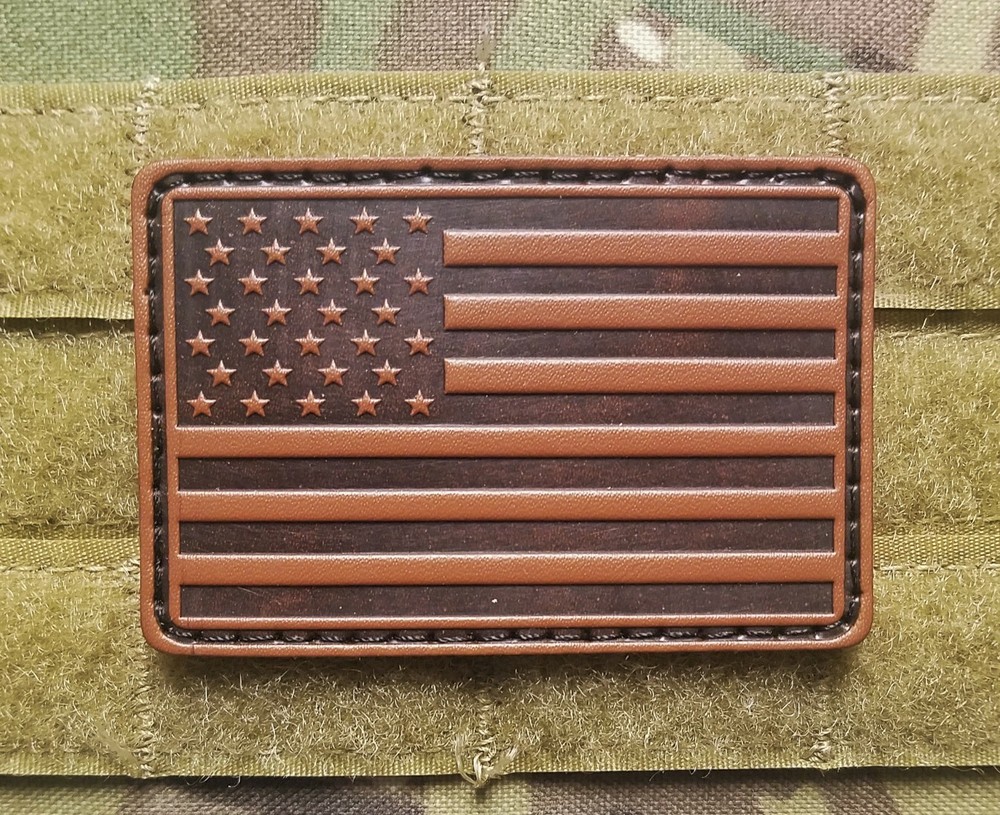 Brown PU Leather US American Flag Tactical Hook Backing 2x3 Patch