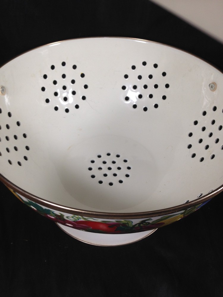 White Enamelware Footed Colander with Fruit Pattern Double Handle 11"